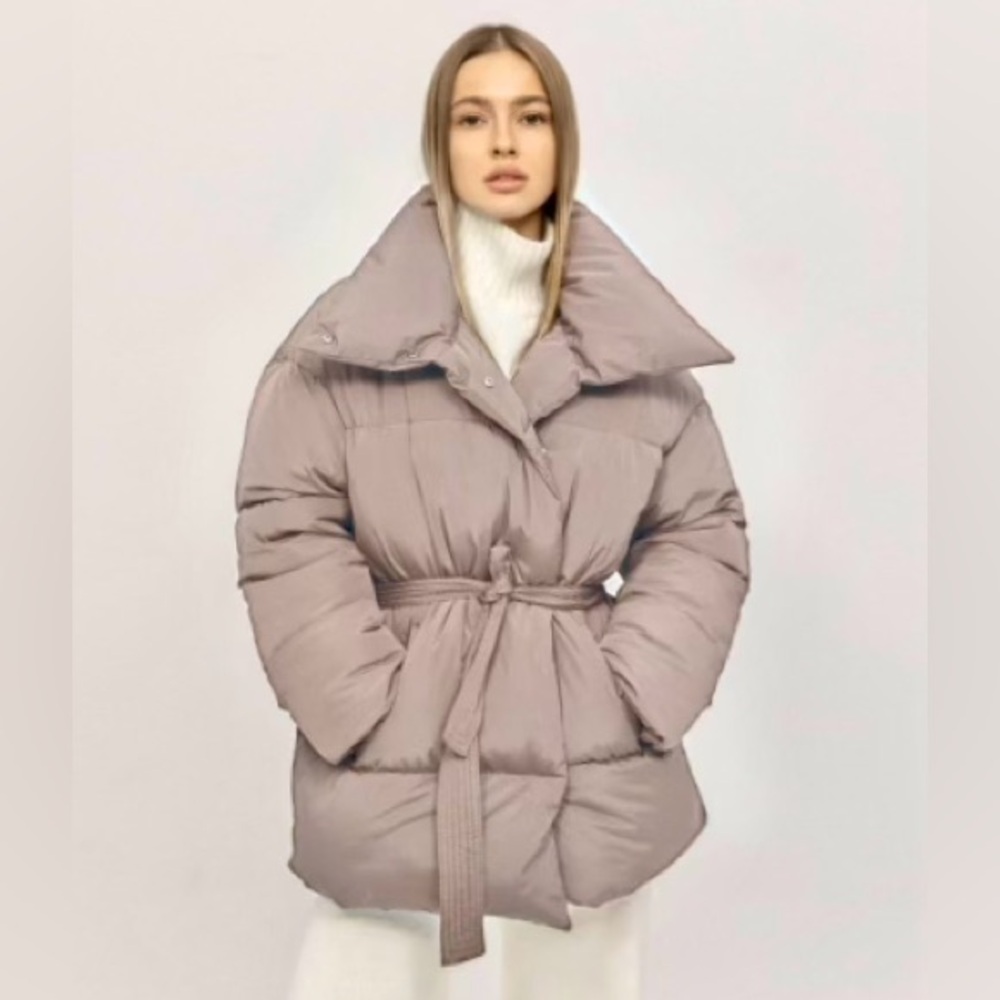 Taupe tie belt belted puffer jacket coat - Picture 4 of 4